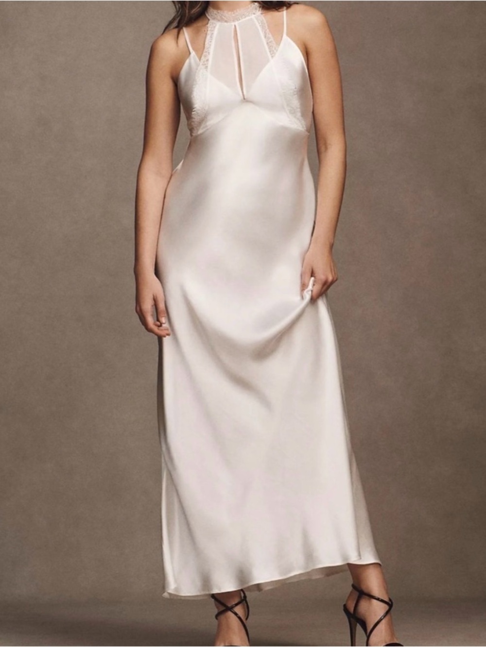 BHLDN Ivory Satin Lace-Trim Halter Slip